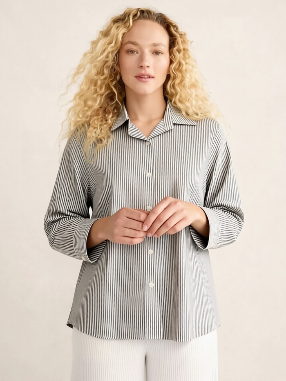 Jones New York Easy Care White and Charcoal Striped Button-Down Shirt Size 1X